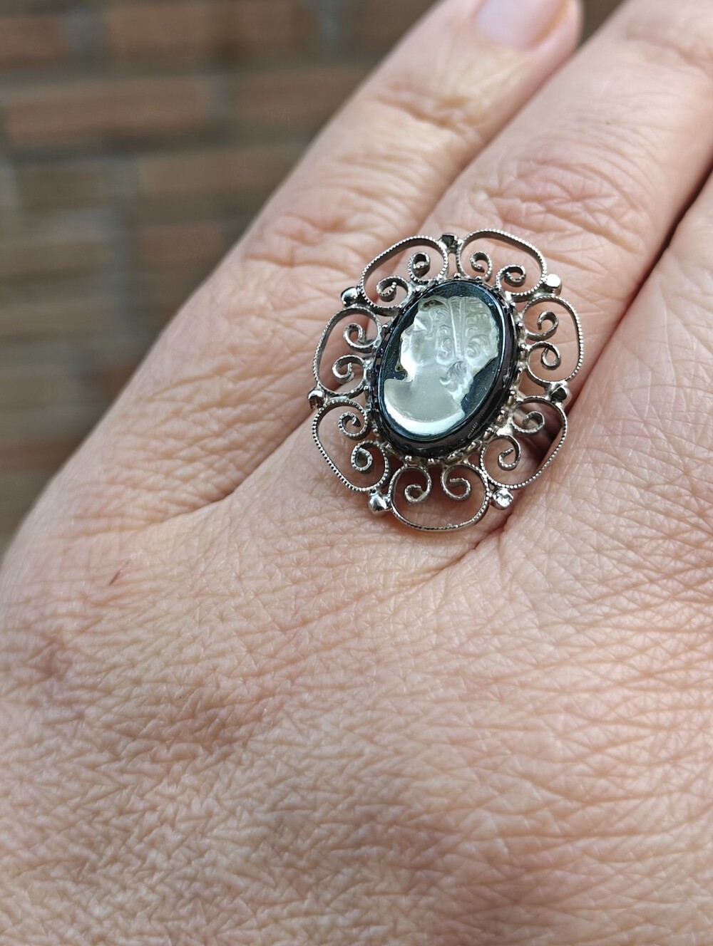 Vintage Black Silk Glass Cameo Ring